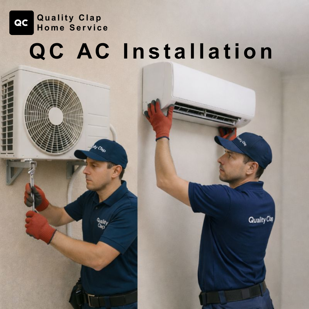 QC AC Installation technicians installing split air conditioner indoor and outdoor units professionally