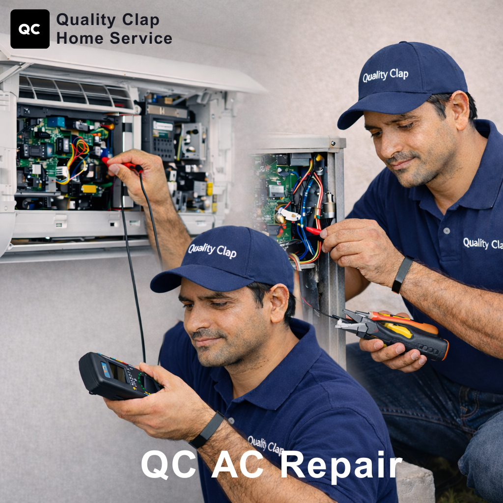 QC AC Repair technician repairing an air conditioner indoor unit using professional tools