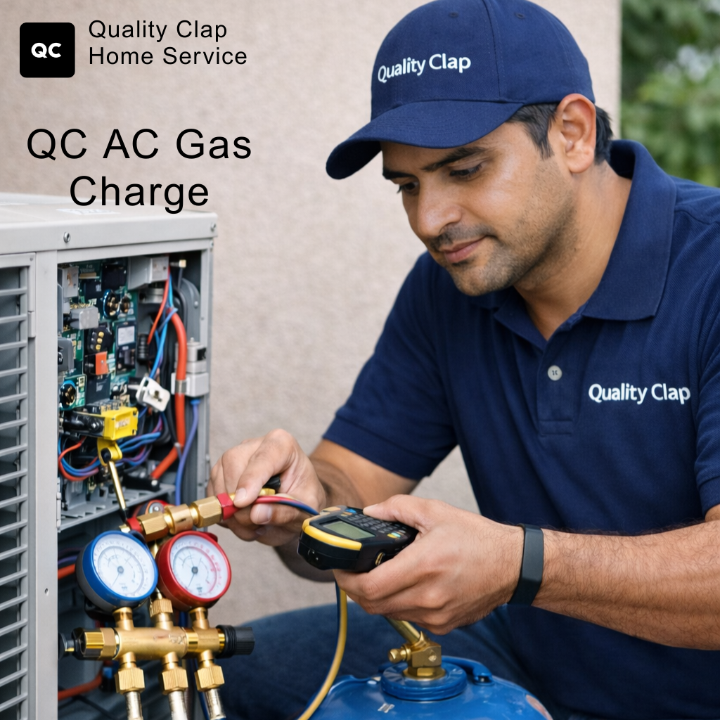 QC AC Gas Charge technician charging air conditioner refrigerant using professional gauges