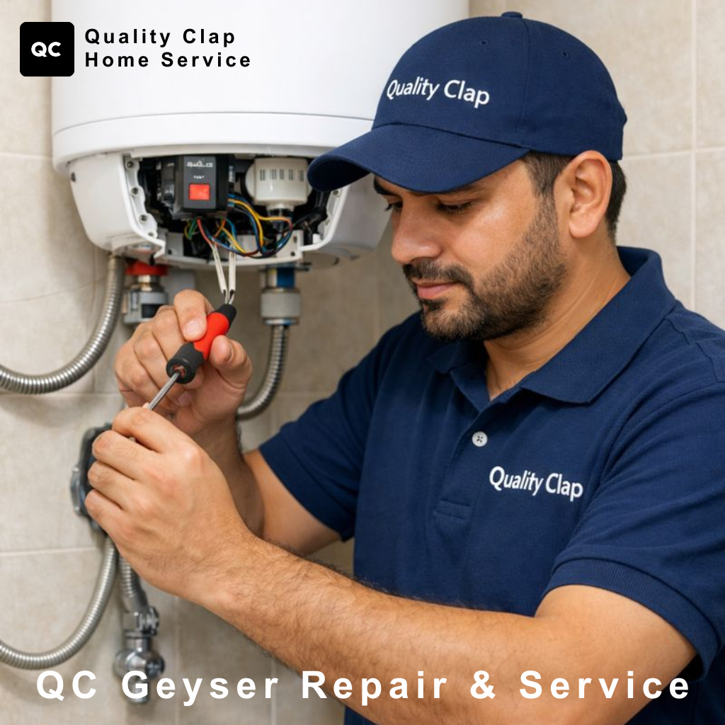 QC technician repairing geyser at customer home
