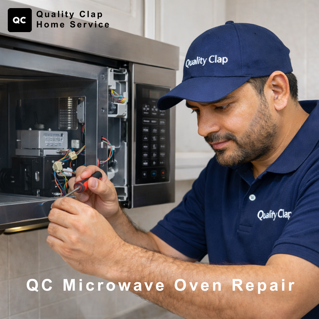 QC technician repairing a microwave oven using professional tools