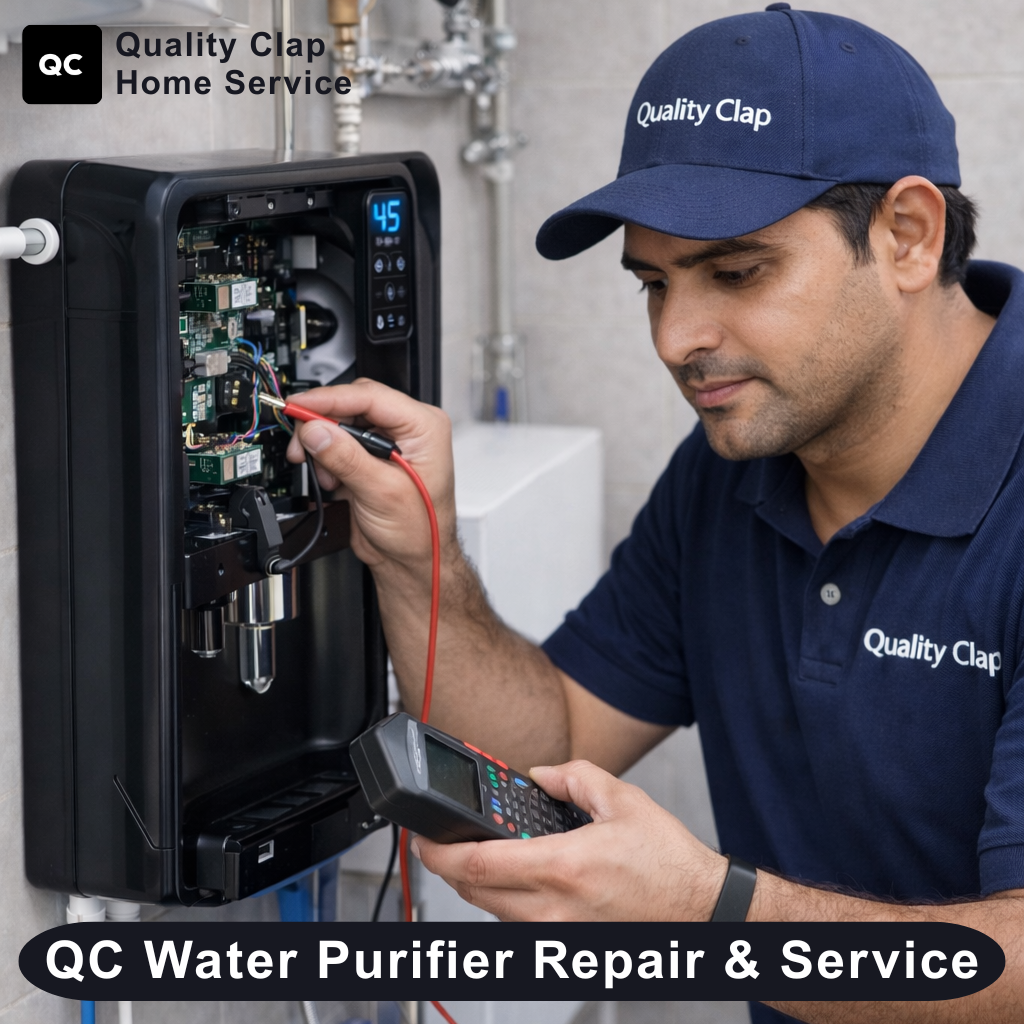 QC technician repairing water purifier at home