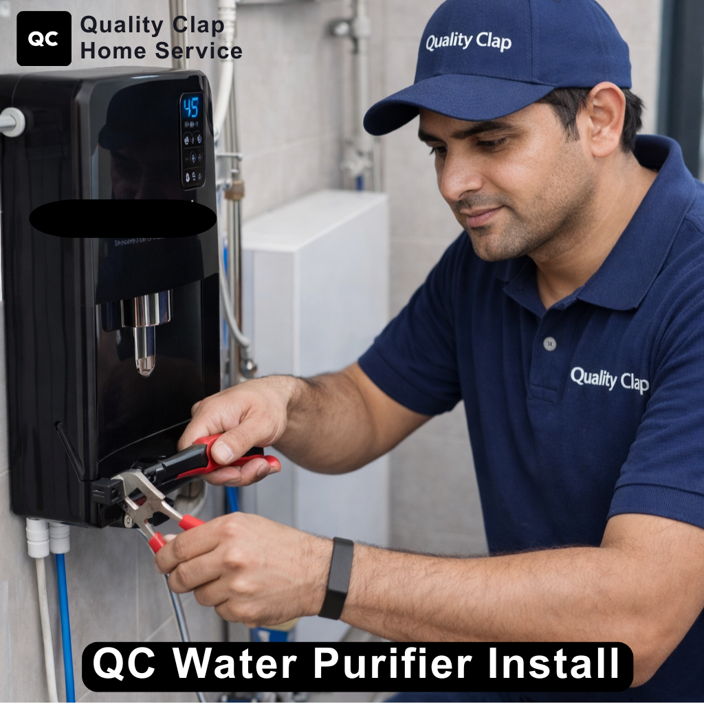 QC technician installing water purifier at customer home