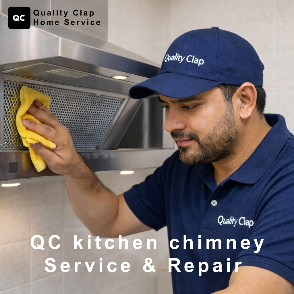 QC technician repairing kitchen chimney at customer home