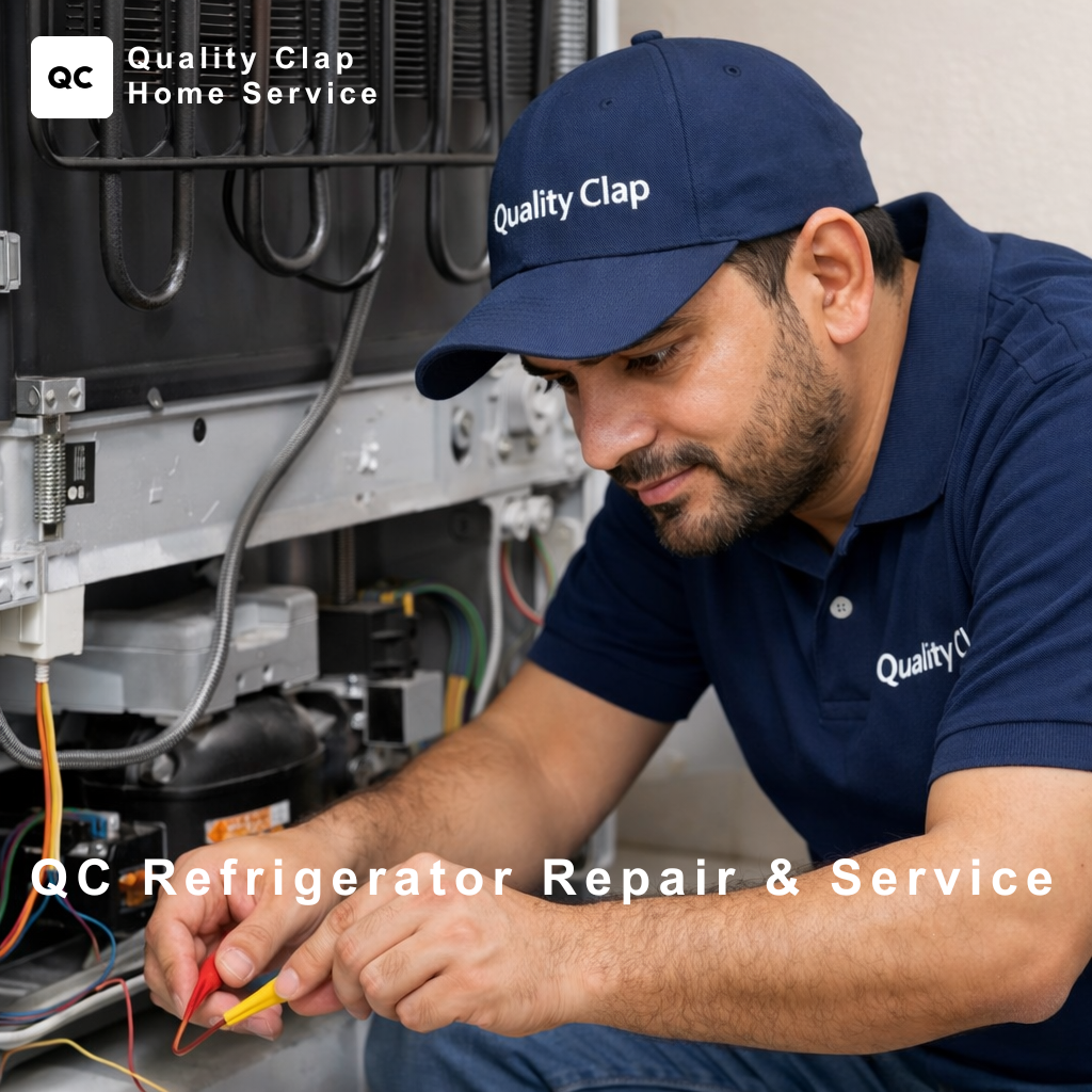QC technician repairing a refrigerator using professional tools