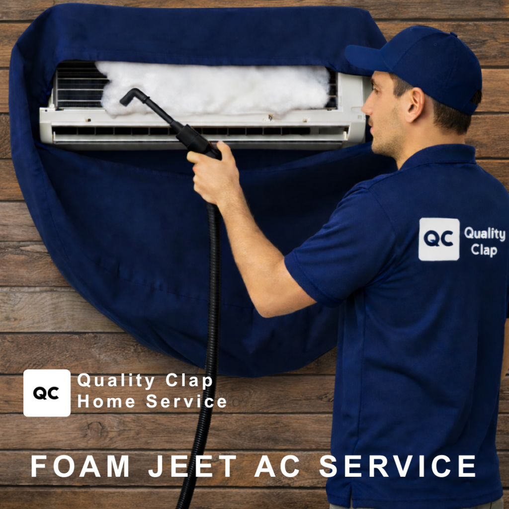 Quality Clap technician providing foam jet AC service”