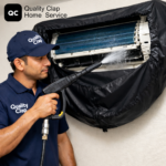 Professional AC jet spray cleaning service by trained technician for deep indoor unit cleaning