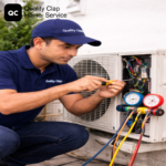 Professional AC technician checking air conditioner using manifold gauge for repair and maintenance service