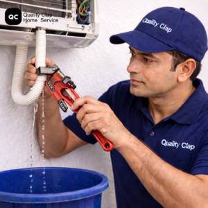 Technician repairing AC water leakage issue by fixing drain pipe and checking indoor unit drainage system.