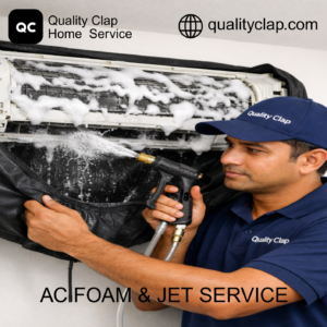 Quality Clap technician providing foam jet AC service”